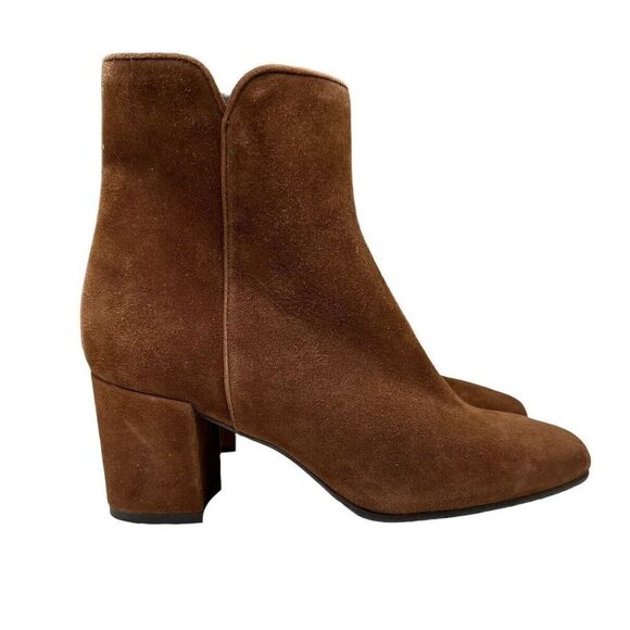 Aquatalia Caramel Brown Suede Block Heel Square Toe Ankle Side Zip Boots Size 8 - Picture 1 of 16